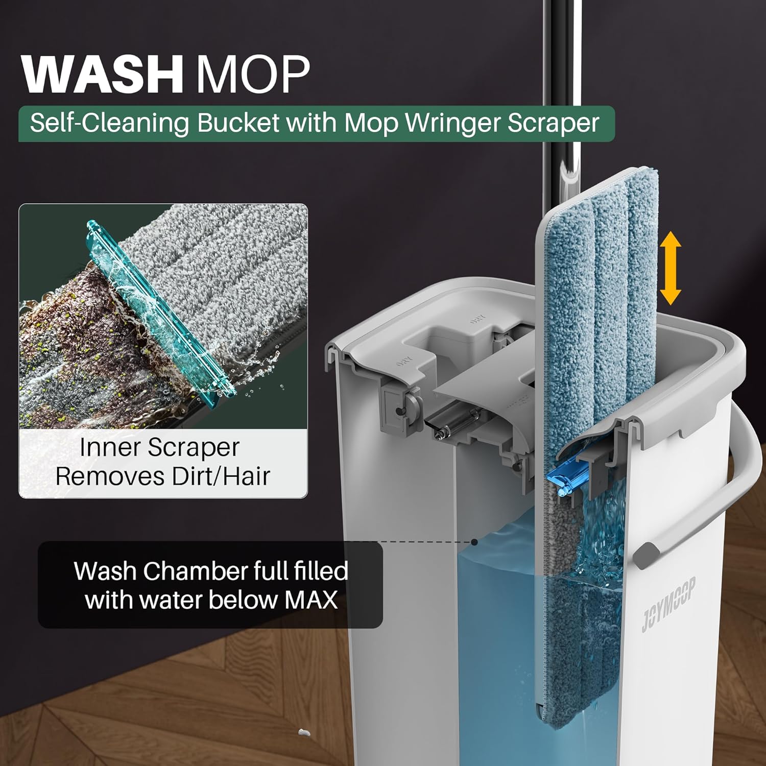 JOYMOOP Mop and Bucket Set, Dust Mops for Floor Cleaning, Wall Mop with 4 Microfiber Mop Head Replacement