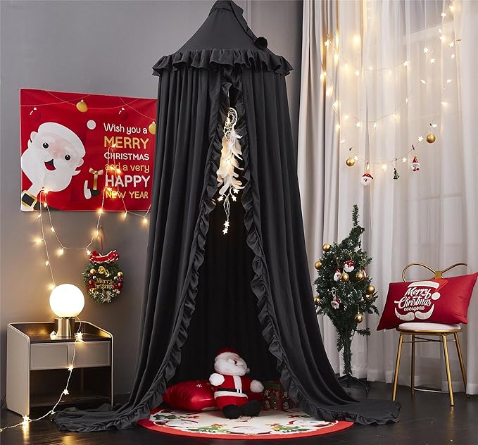 VETHIN Bed Canopy for Girls Kids,Princess Round Dome Children Dreamy Mosquito Net Bedding Girls Room Castle Play Tent Hanging House Decor Reading Nook Canopies (Black)