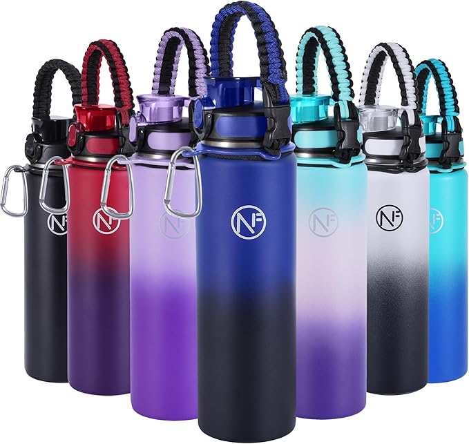32 oz Insulated Water Bottle With Detachable Straw & Paracord Handle, Stainless Steel Thermos Water Bottle with Leakproof Lockable Lid, BPA-Free Sports Bottle (Blue Black Gradient)