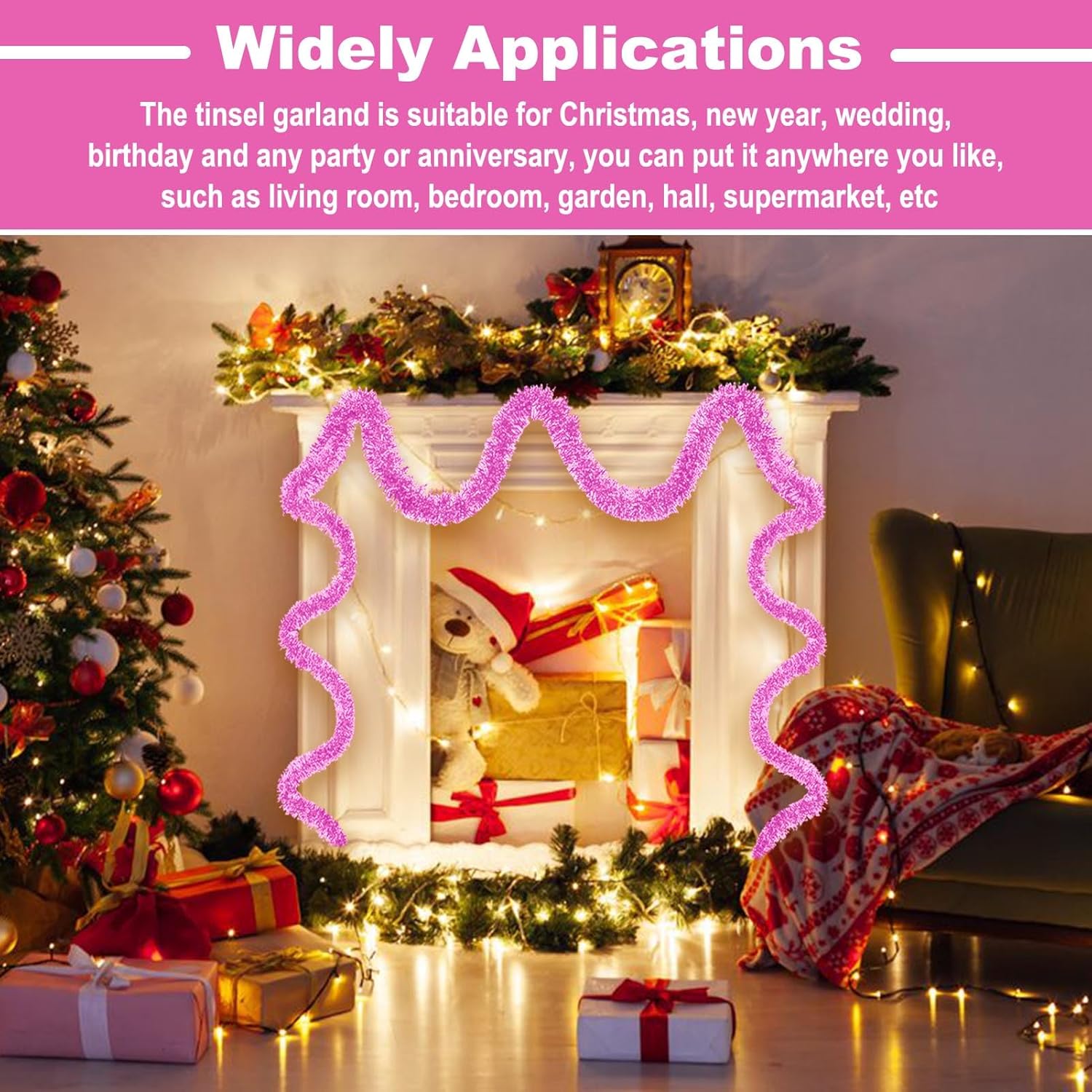 25 Feet Metallic Twist Tinsel Garland - Wall Hanging Backdrop for Parade Floats, Christmas Eve, New Year, Valentine's Day Parties (Macaron Pink, 4in x 25ft)