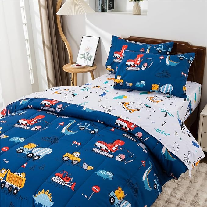 Meeting Story Construction Truck Car Full Comforter Set for Boys,5 Pieces Dinosaur Bedding Set with Sheets and Pillowcases，Excavator Lightweight Microfiber Bedding Sets（Blue，Full5pcs）