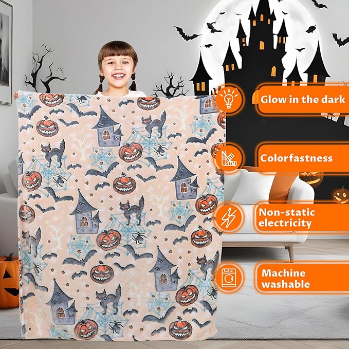 Halloween Pumpkin Blanket Kids Glow in The Dark Blanket Black Cat Halloween Decor Gifts for Women Boys Girls 50"x60"