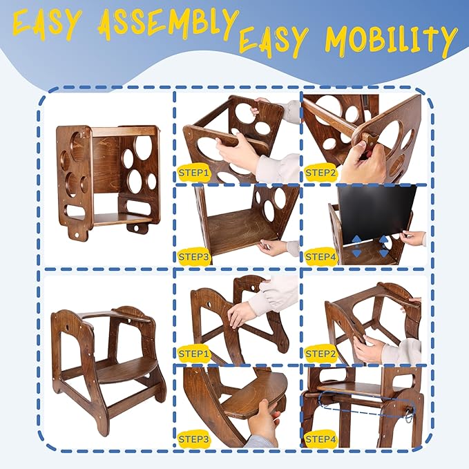 3 in 1 Toddler Tower, Children Step Stool Standing Tower for Kitchen with Adjustable Platform, Non-Slip Strips, Safety Rail (Gray)