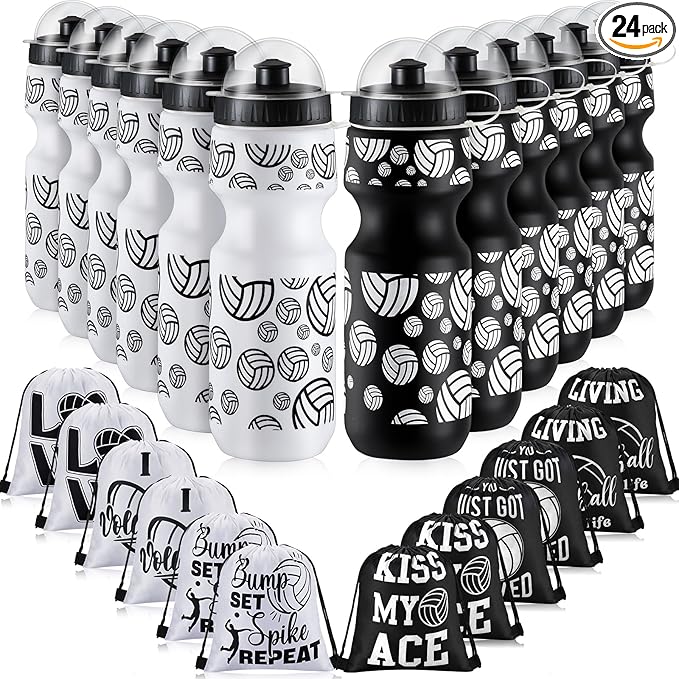 24 Pcs 24 oz Volleyball Water Bottle Bulk and Drawstring Bag Set 12 Reusable Plastic Biking Water Bottle Tumbler 12 Sport Gym Goodie Gift Bag for Party Favor (Black)
