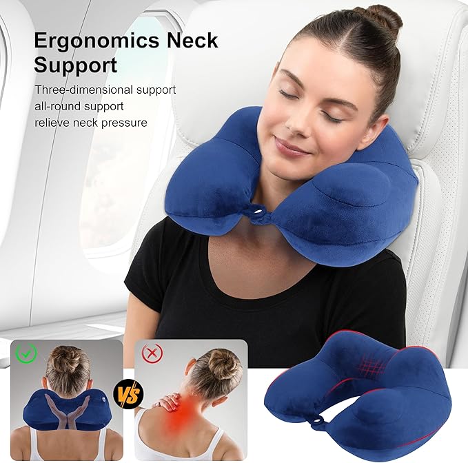 Inflatable Travel Neck Pillows for Airplanes, Long Flight Must Haves for Sleeping to Avoid Neck and Shoulder Pain, Comfortably Support Head and Neck for Flight, Car, Bus and Office (Blue)