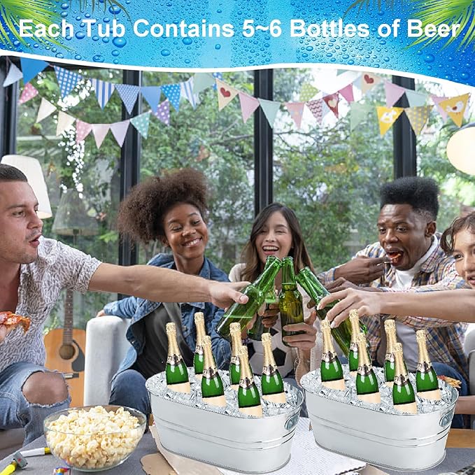 3Pcs Ice Buckets for Parties, 4 Gallon Small Metal Bucket Galvanized Ice Tub Stainless Steel Beverage Drink Buckets Bulk with 2Pcs Ice Scoops, Each for 5-6 Bottles of Beer Wine Champagne
