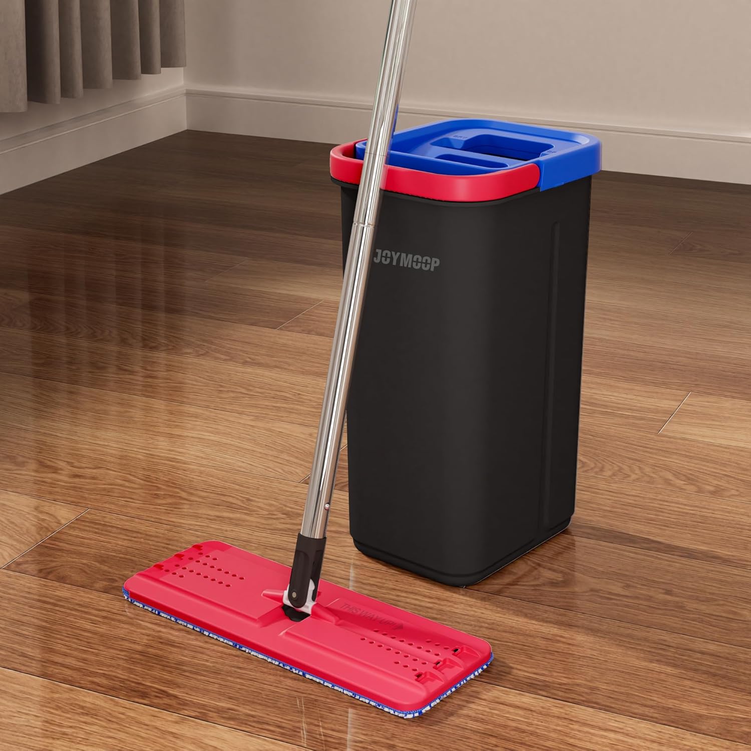 JOYMOOP Mop and Bucket Set for Home, Hands-Free Self-Cleaning System, with 3 Reusable Microfiber Mop Pads, Suitable for Floor Cleaning and Wall Cleaner - Black+Red+Slate Blue
