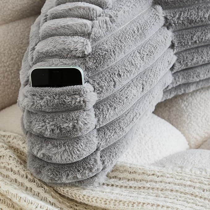 WERDIM Reading Pillow for Sitting in Bed, Faux Fur Back Pillow for Bed Rest, Bed Chair Pillow with Arms and Pockets(Large, Grey)