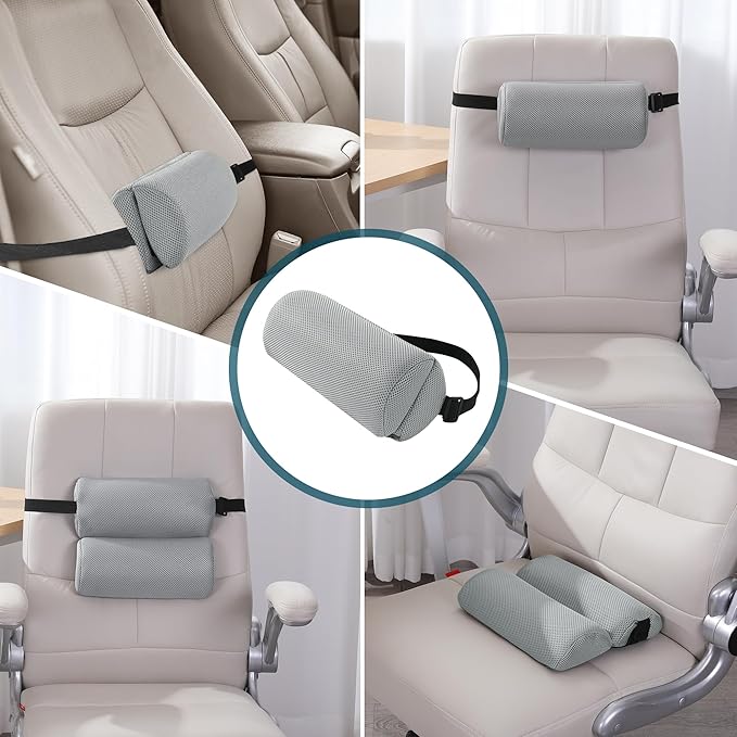 MABOZOO Foldable Lumbar Roll Pillow, Mesh 2 Semi-Circular Back Support Cushion with Adjustable Strap, Portable Cervical Cushion Support Pillow Leg Pillow for Head, Neck Back and Legs(Gray)