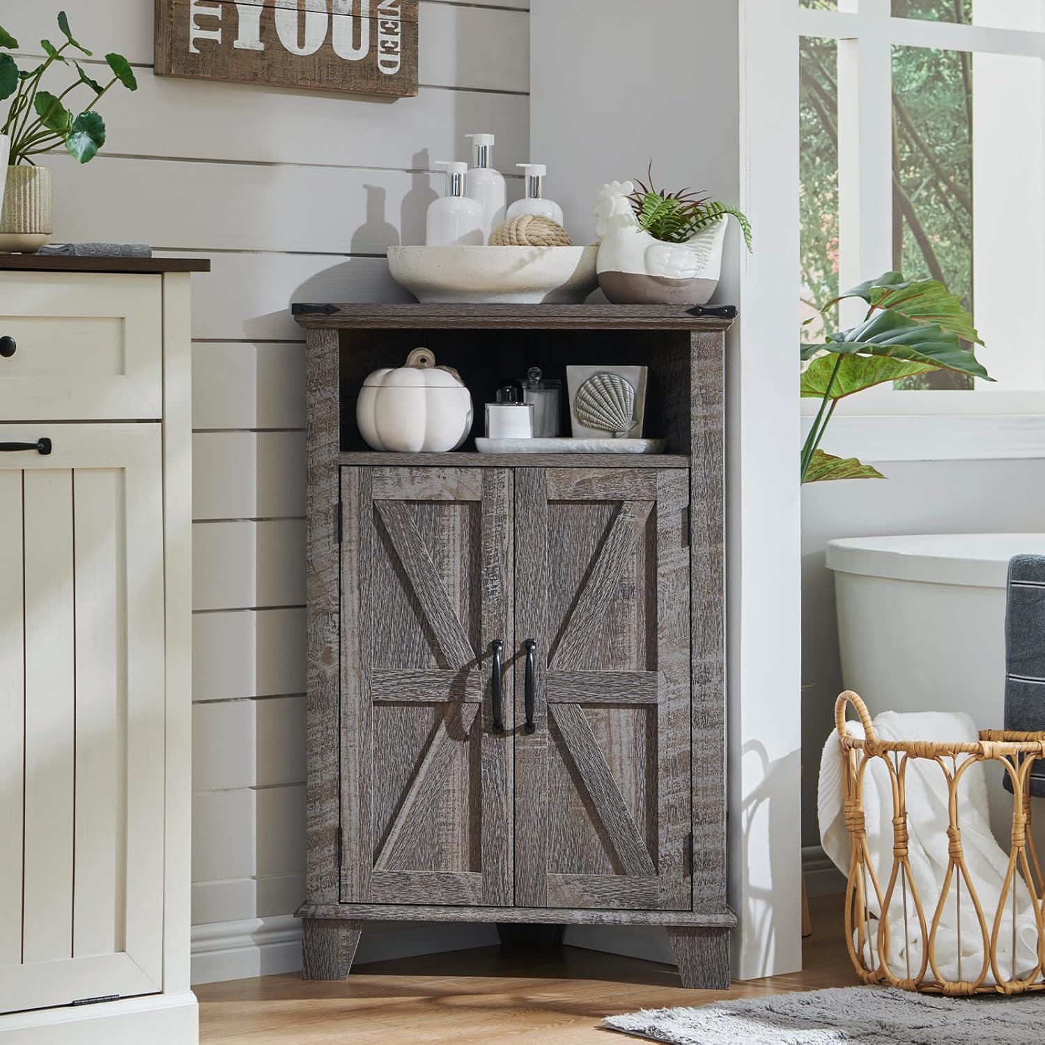 Corner Bathroom Cabinet, Farmhouse Small Corner Cabinet with Barn Door & Adjustable Shelf, Storage Cabinets for Bathroom, Kitchen, Living Room, Grey Wash