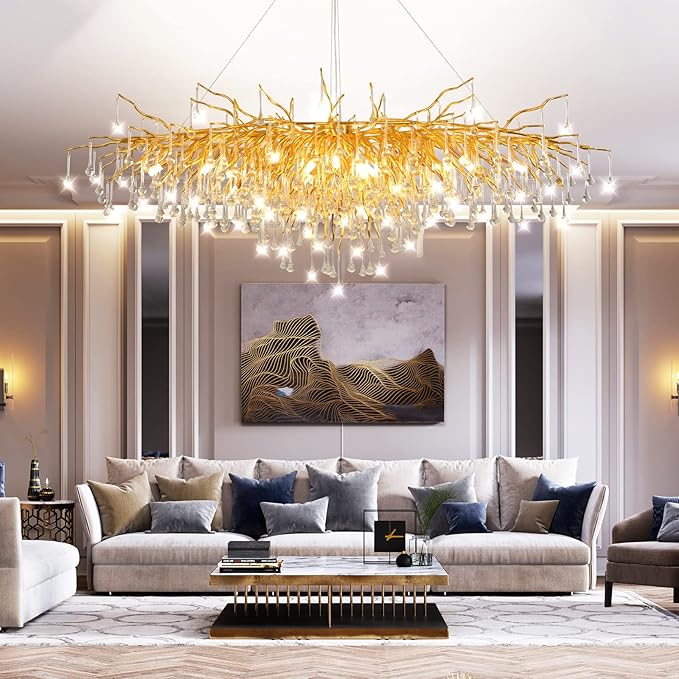 70.87 Inch Modern Gold Crystal Chandeliers, Large Branch Raindrop Chandelier,Rectangle Chandelier Lighting Fixture 19-Light for Foyer Entryway High Ceiling Dining Room, Living Room