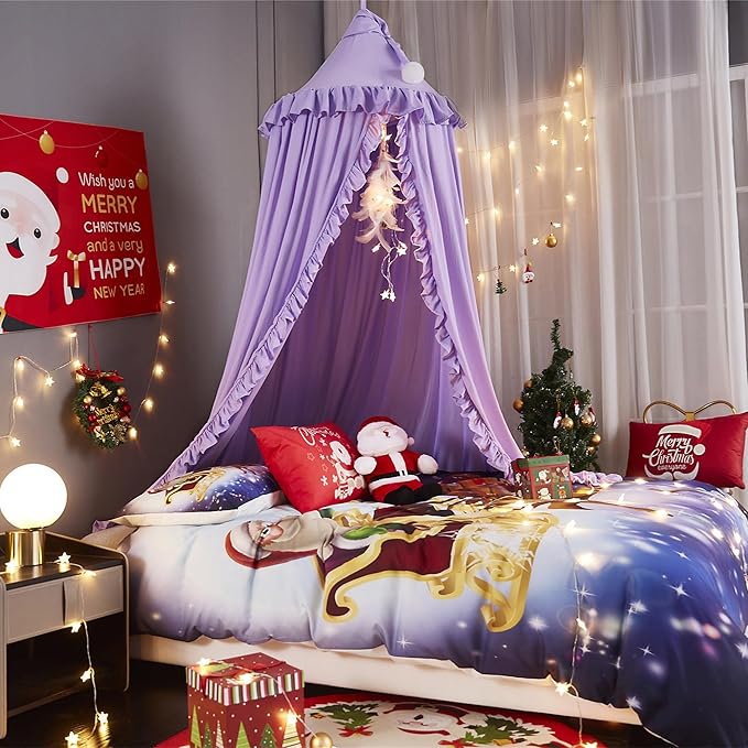 VETHIN Bed Canopy for Girls Kids,Princess Round Dome Children Dreamy Mosquito Net Bedding Girls Room Castle Play Tent Hanging House Decor Reading Nook Canopies (Purple)