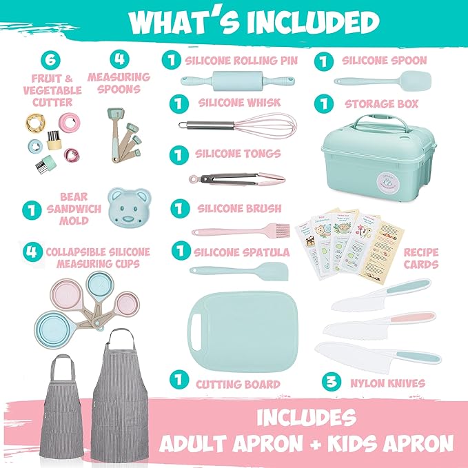 Kids Baking Set Real Cooking Set for Kids , Baking Supplies with Adult and Kid Aprons - Real Tools for Real Cooking Kids Baking Sets for Girls and Boys Kid Cooking Gift Set (Cyan)