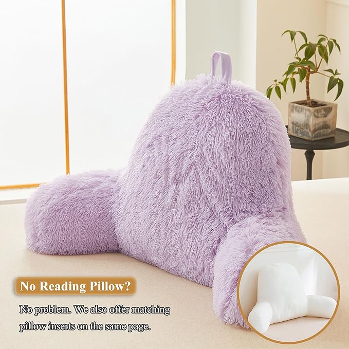 XeGe Fluffy Back Support Pillow Cover for Bed (No Filler), Light Purple Faux Fur Backrest Pillow Case, Lilac Furry Reading Pillow Cover with Arms for Adults Kids, Fuzzy Sit Up Study Pillow, Lavender