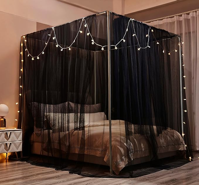 Mengersi Canopy Bed Curtains with Lights,Elegant Bed Canopy Curtains Bed Netting for Full Queen King Size Bed,Halloween Decoration,Gothic Black Room Decor Aesthetic