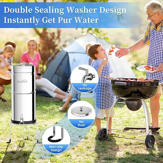 2.25G Gravity-Fed Water Filter System, NSF/ANSI Standard, 304 Stainless Steel System with 2 Carbon Filters, 2 Fluoride Filters and Stand, Reduce 99% Chlorine, Lead and Fluoride