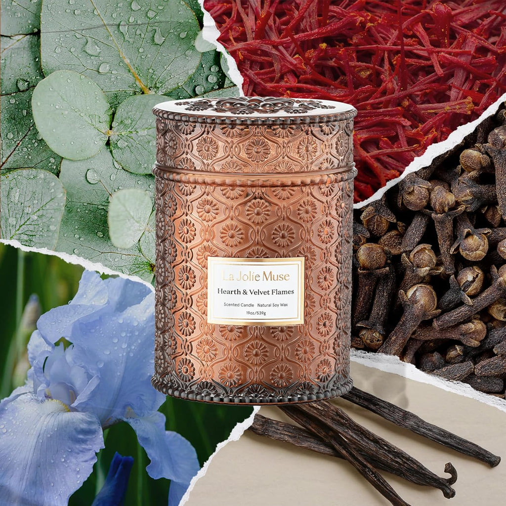 LA JOLIE MUSE Hearth & Velvet Flames Candle - Saffron, Clove, Vanilla | 19 oz Large Wooden Wick Candles | Natural Soy Wax | 90 Hours Clean Burn | Holiday Candle Gifts | Gift-Ready for Hosts