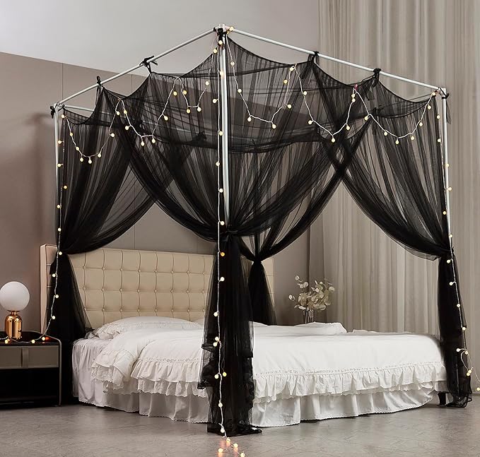 Mengersi Canopy Bed Curtains Bed Canopy with Lights for Girls, Bed Netting Unique Style 4 Door Mosquito Net for Adults Women Bedroom Decor (Black+Lights, California King)