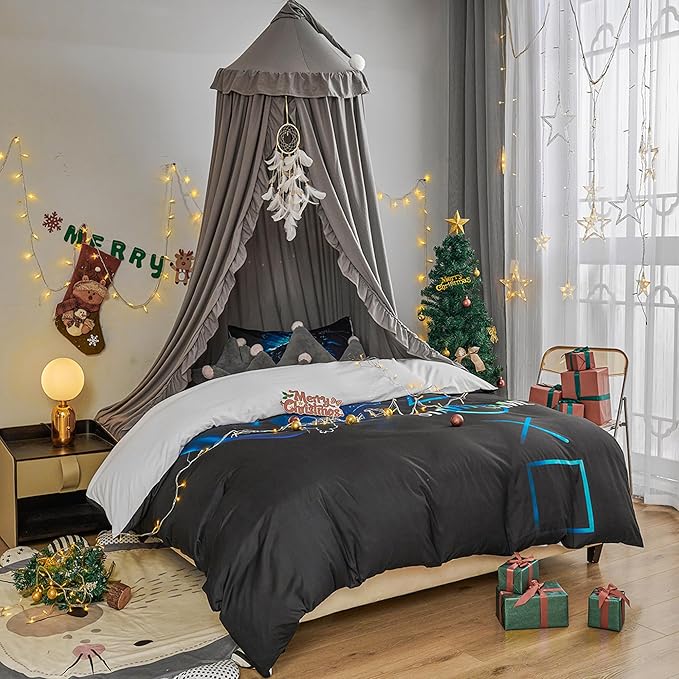 VETHIN Bed Canopy for Girls Kids,Princess Round Dome Children Dreamy Mosquito Net Bedding Girls Room Castle Play Tent Hanging House Decor Reading Nook Canopies (Grey)