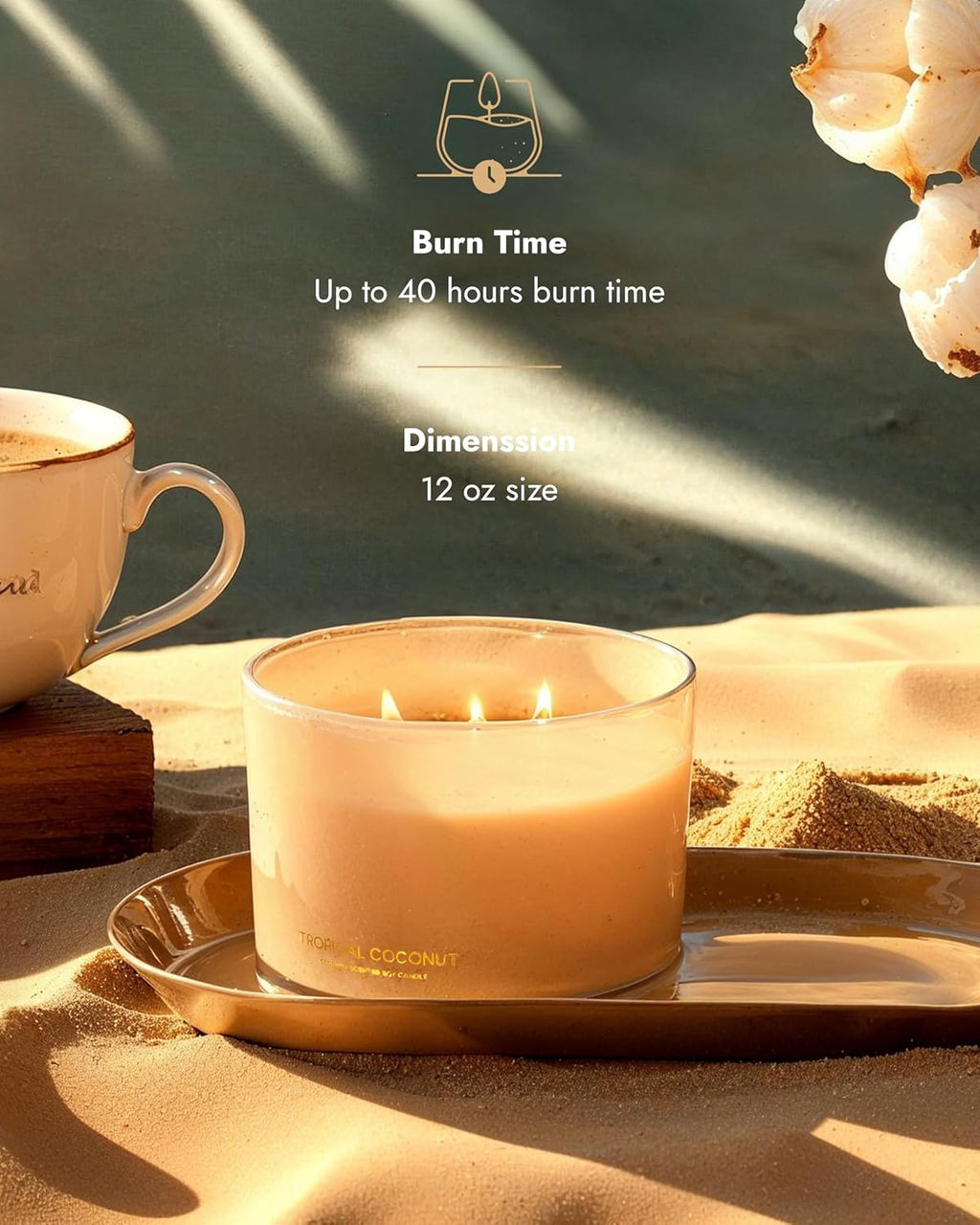 96NORTH Luxury Coconut Soy Candle | Large 3 Wick Jar Candle | Up to 50 Hours Burning Time | Tropical Beach Scented Candles for Home | 100% Natural Soy Wax | Housewarming Gift for Women and Men