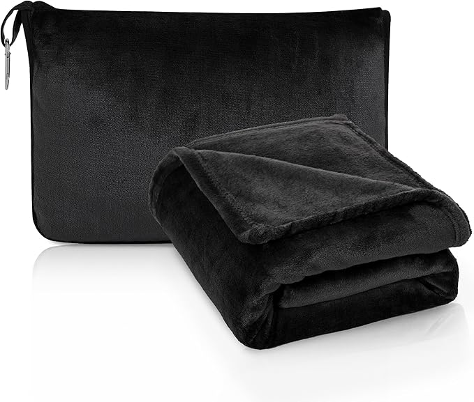 ATsense Travel Blanket Pillow, Premium 2 in 1 Soft Airplane Blanket Compact with Bag Pillowcase, Hand Luggage Sleeve and Backpack Clip - Travel Essentials for Long Trips, Flying and Car, Black