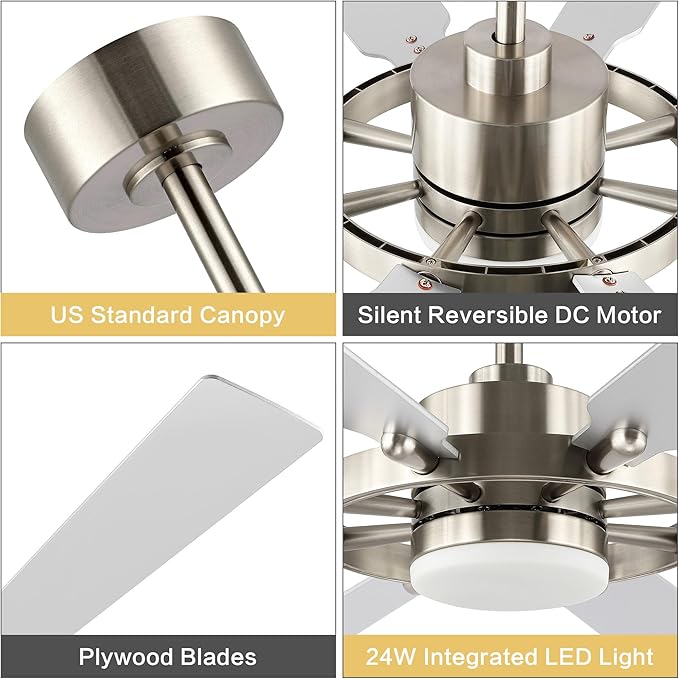 80" Ceiling Fan with Lights and Remote Control, Wood 8 Blades 6-Speed Noiseless Reversible DC Motor, 3 Downrods, Modern Large Ceiling Fan for Bedroom Dining Living Room, Nickel Finish+Silver