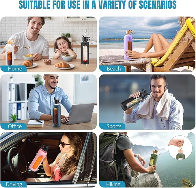 24oz Glass Water Bottle With 2 Lids-Flip Straw Lid, Bamboo Lid, Glass Water Bottle With Silicone Sleeve, Motivational Time Marker, Glass Juice Bottle for Cold Drink,White