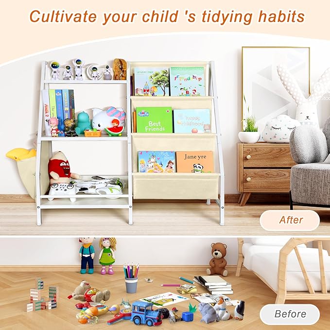 3-Tier Kids White bookshelf for Toy Storage and Display，Montessori Toddler bookcase Holds 100 Collection，Children Book Organizer Suitable for Toddler Baby Kid, Play Room,classroom,Nursery