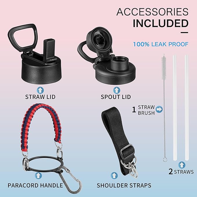 32 oz Insulated Water Bottle with Paracord Handles & Strap, 2 Lids(Straw Lid&Spout Lid), Stainless Steel Reusable Wide Mouth Metal Water Bottle With Straw, Double Walled, Thermo Mug(Dark Rainbow)