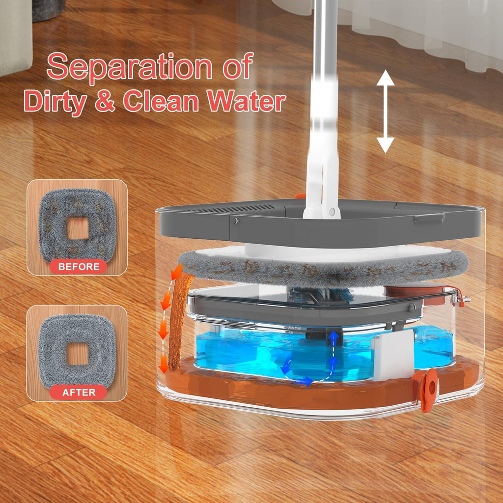 Mop and Bucket Set, Spin Mop with Self Seperates Dirty Water System, Square Mops for Floor Cleaning, 360 Rotating Foldable Standing Mop Head, Versatile Mops for Walls (Mop Bucket with 4 Pads)