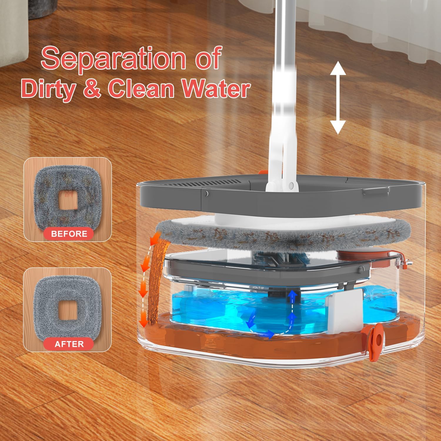 Mop and Bucket Set, Spin Mop with Self Seperates Dirty Water System, Square Mops for Floor Cleaning, 360 Rotating Foldable Standing Mop Head, Versatile Mops for Walls (Mop Bucket with 4 Pads)