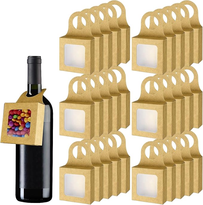 30Pcs Kraft Paper Wine Bottle Box with Window Hanging Foldable Gift Boxes,for Gifts Empty Wine Bottles for Decoration Bottle Hanger Favor Box Gift beauty label with square transparent casement window