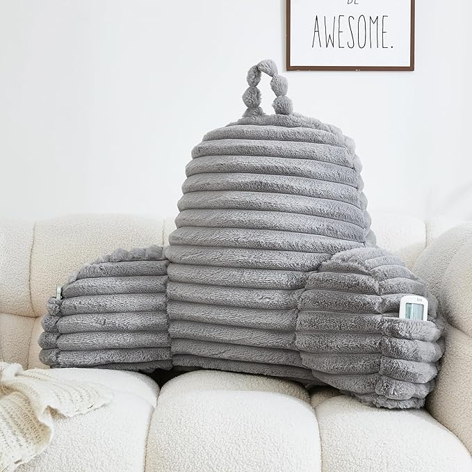 WERDIM Reading Pillow for Sitting in Bed, Faux Fur Back Pillow for Bed Rest, Bed Chair Pillow with Arms and Pockets(Large, Grey)