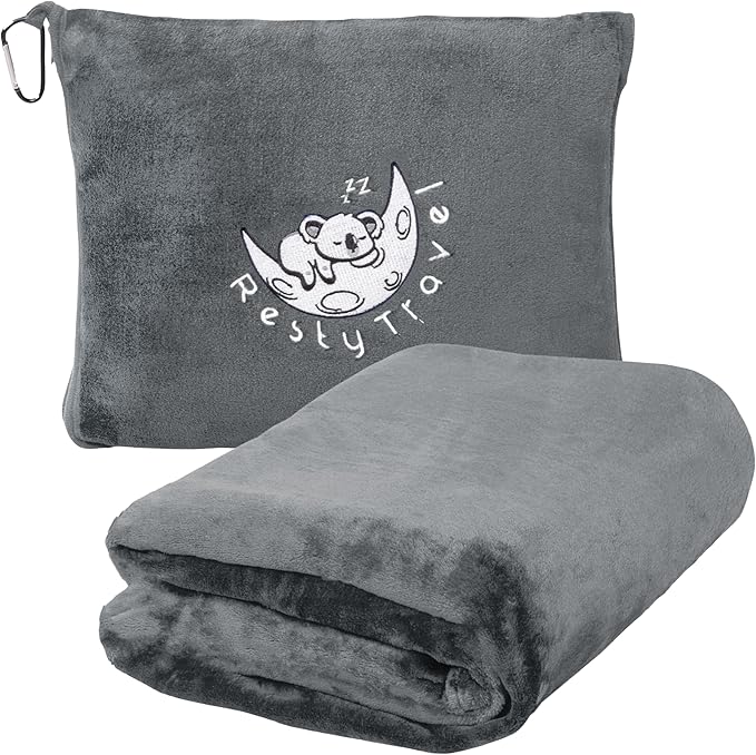 Resty Travel Blanket - Compact Airplane Blanket with Bag - Small and Lightweight Traveling Blanket & Pillow - Portable Blankets with Carabiner for Easy Transport - Plane Train Car (Deep Gray)