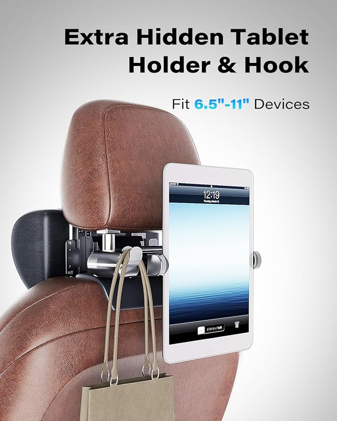 OQTIQ Adjustable Car Headrest Pillow, Fit for Different Heights, Memory Foam Car Neck Pillow for Driving, Comfortable Ergonomic Design Road Trip Essentials Car Pillow with Tablet Holder and Hook