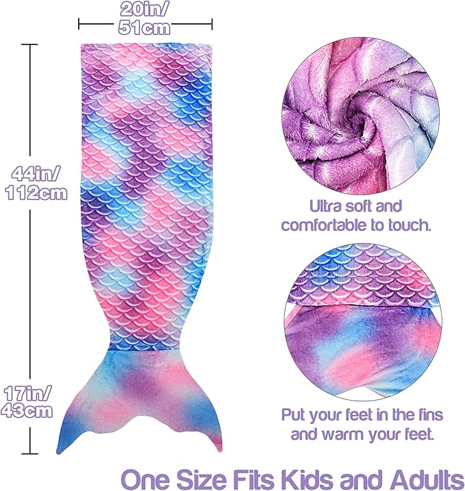 Catalonia Kids Mermaid Tail Blanket, Super Soft Plush Flannel Sleeping Snuggle Blanket for Girls, Rainbow Tie-dye, Fish Scale Pattern, Gift Idea