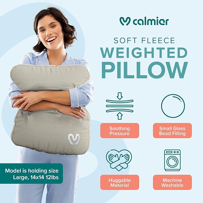 Calmier - Sensory Weighted Pillow - Glass Bead Filled Hug Pillow - Ultra Plush Cozy Weighted Pillows for Adults and Kids - Child Sensory Pillow - Weighted Lap Pad (Tan - Fleece, 12 LBS)
