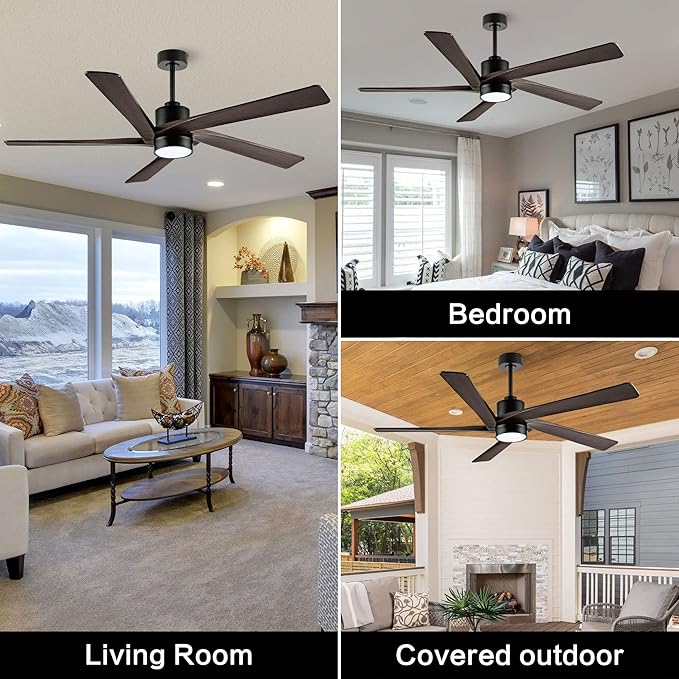 WINGBO 64 Inch DC Ceiling Fan with Lights and Remote Control, 5 Reversible Carved Wood Blades, 6-Speed Noiseless DC Motor, Modern Ceiling Fan in Matte Black Finish with Walnut Blades, ETL Listed