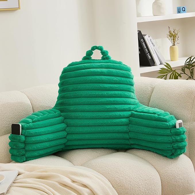 WERDIM Reading Pillow for Sitting in Bed, Faux Fur Back Pillow for Bed Rest, Bed Chair Pillow with Arms and Pockets(Standard, Emerald)