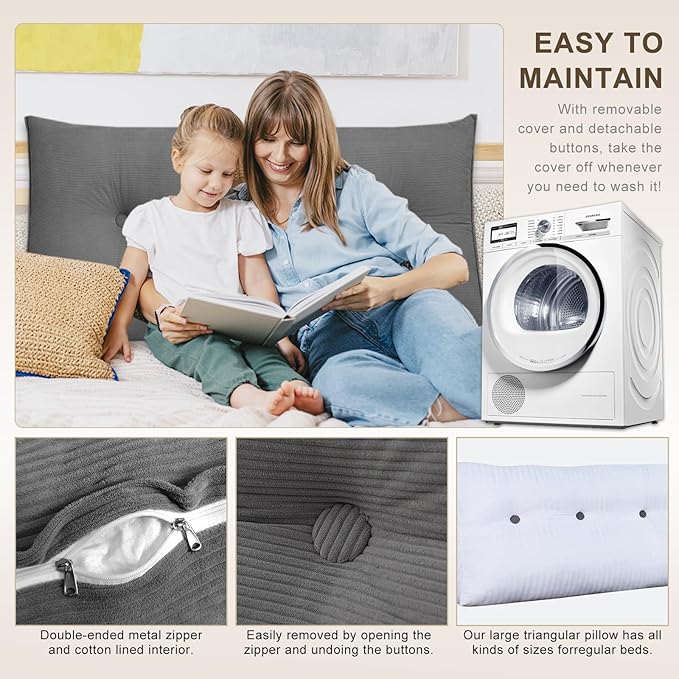 Headboard Pillow - Queen-Sized Headboard Wedge Pillow for Daybeds and Bunk Beds - Durable, Comfortable, with Removable Velvet Cover (Dark gray, 59x20x8Inches)