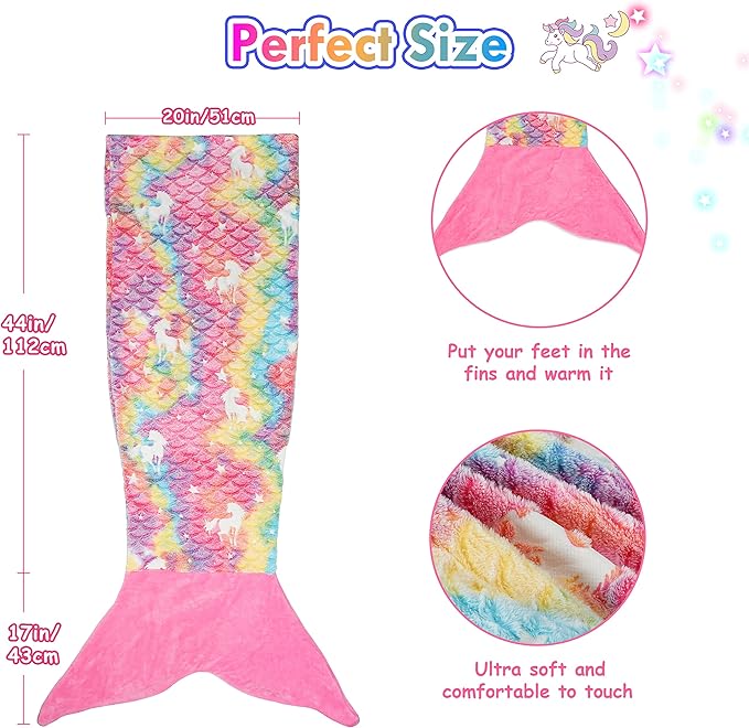 Catalonia Mermaid Tail Blanket for Girls, Glow in The Dark Mermaid Sleeping Bag, Unicorn Pattern, Gift Idea for Kids
