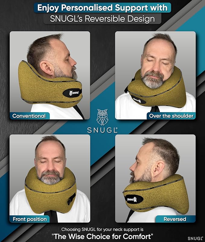 SNUGL Neck Travel Pillow - Memory Foam Airplane Pillow - Flight Pillow | Neck Support Travel Pillow with Carry Bag & Clip | Neck Pillows for Sleeping Travel Plane | Flying Travel Essentials - D.Yellow