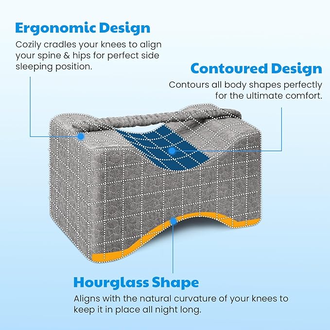 Memory Foam Knee Pillow, Leg Pillow for Side Sleeping, Contour Support Ergonomic Knee Pillow with Cover and Strap, for Side Sleepers, Spine Alignment, Hip, Back and Joint Pain Relief