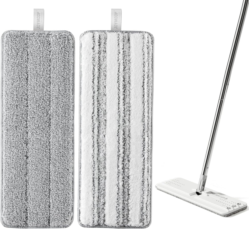 JOYMOOP Mop Replacement Pads, Reusable Microfiber Mop Pads for 13-inch Flat Mop and Mop Bucket Set, Pack of 2 Refills - Grey and Stripe