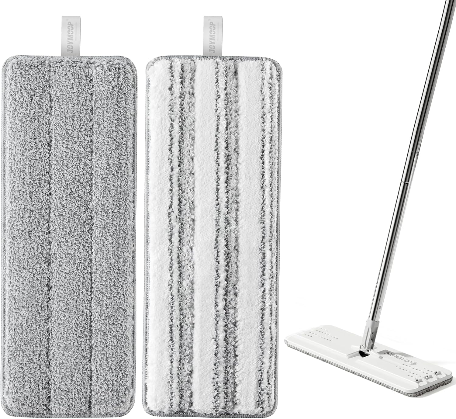JOYMOOP Mop Replacement Pads, Reusable Microfiber Mop Pads for 13-inch Flat Mop and Mop Bucket Set, Pack of 2 Refills - Grey and Stripe