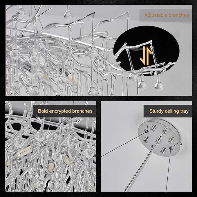 Modern Chandeliers,47.24in Rectangular Crystal Chandelier Chrome, 13-Light Farmhouse Raindrop Chandelier Pendant Light Fixture for Living Room, Kitchen Island 13-Light