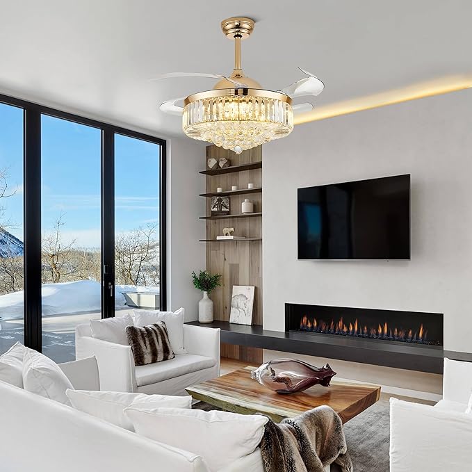 42'' Gold Crystal Chandelier Fan Fandelier Retractable Ceiling Fan with Light and Remote, Invisible Fandelier Ceiling Fan with Light for Bedroom Living Room(crystal-gold)