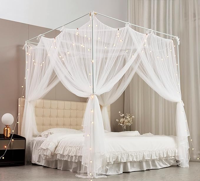 Mengersi Canopy Bed Curtains Bed Canopy with Lights for Girls, Bed Netting Unique Style 4 Door Mosquito Net for Adults Women Bedroom (White+Lights, Full/Queen)