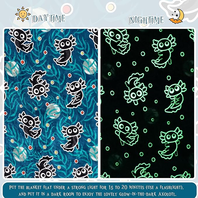 BORORO Black Axolotl Gifts Glow in The Dark Blanket Cute Axolotl Blanket for Boys Girls