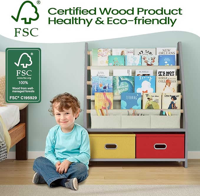 4 Tier Kids Book Shelf, Wooden Kids Book Rack, Grey Kids Bookshelf with Toy Storage Organizer, Toddler Sling Bookshelf for Boys, Girls, Kids Room, Red/Yellow